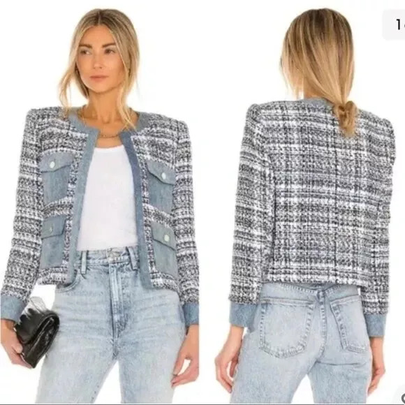 Alice + Olivia Avis Blue Tweed Denim Jean Combo Patch jacket Size Medium - Picture 1 of 16